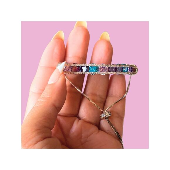 Cubic Zirconia And Sterling Silver Adjustable Bracelet Blue And Purple - Picture 6 of 6